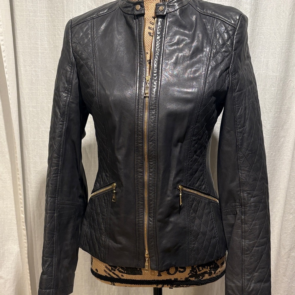 Basler Black Leather Jacket with Gold Accents